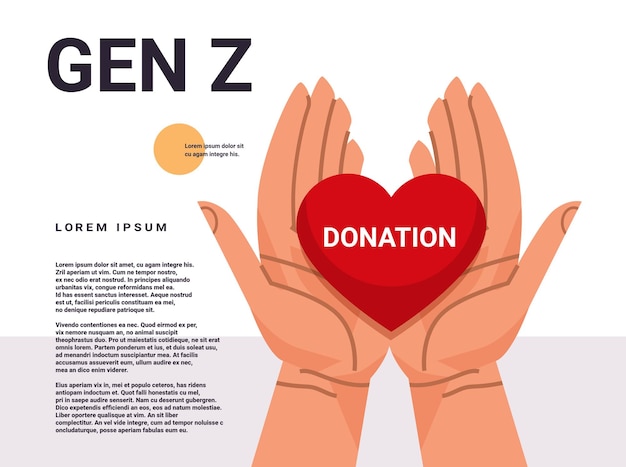 Manos humanas sosteniendo donación corazón generación z concepto de estilo de vida nueva tendencia demográfica moderna con generación juvenil progresiva espacio de copia horizontal ilustración vectorial