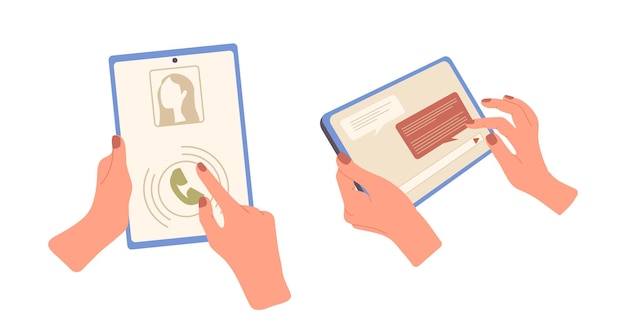 Manos humanas sosteniendo una tableta digital usando una aplicación para comunicación en línea y llamadas