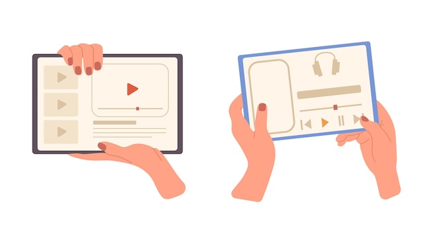 Manos humanas sosteniendo una tableta digital usando una aplicación para ver videos y escuchar música