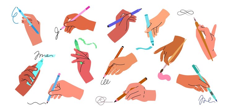 Las manos humanas sostienen diferentes materiales de escritura. Los brazos de dibujos animados con bolígrafos de gel químico dejan garabatos, marcadores de colores y lápices, conjunto de vectores.