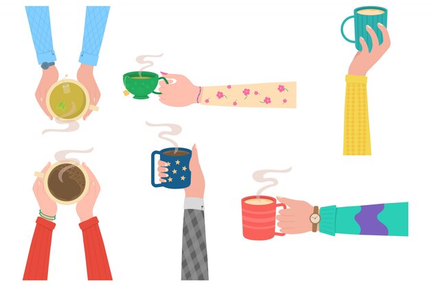 Manos humanas con taza de taza de té. Manos humanas sosteniendo tazas o tazas con bebidas calientes, ilustración de dibujos animados plana aislada sobre fondo blanco. Hora del café, concepto de pausa para el café.