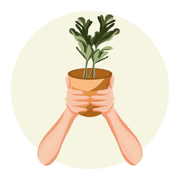 Manos de ilustración de protección de plantas sosteniendo una planta casera en una maceta concepto ecológico icono de impresión