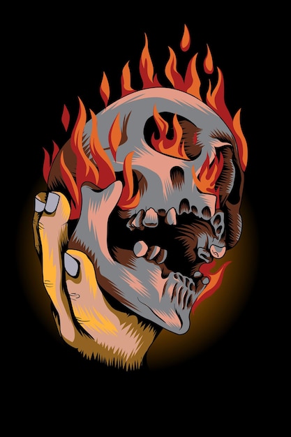 Vector manos con ilustración de vector de fuego de cráneo