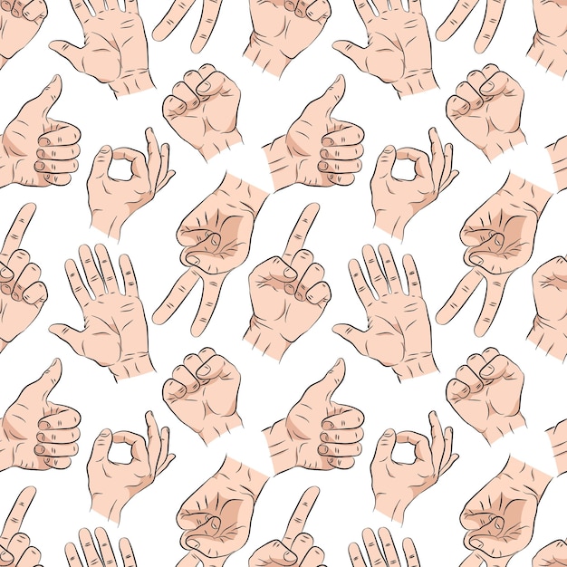 Manos en la ilustración de vector de patrones sin fisuras en blanco Textura dibujada a mano con gestos de muñecas de palmas humanas Fondo de boceto de estilo plano simple para papel textil de tela