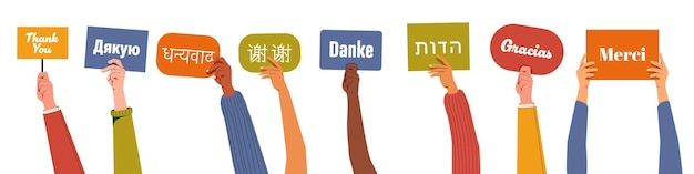 Vector manos levantadas con cartel gracias conjunto gracias letras en idiomas internacionales
