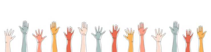 Vector las manos levantadas trabajo en equipo colaboración votación concierto de voluntariado aplausos dibujado a mano ilustración vectorial
