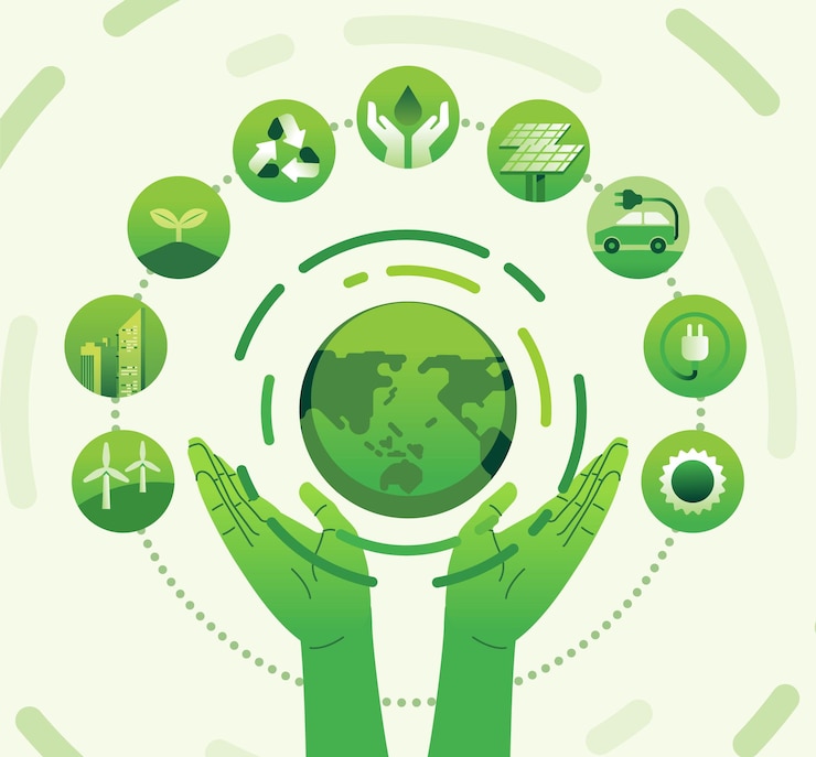 Vector las manos levantan el consumo mundial del globo alrededor de iconos fuentes de energía alternativas renovables sostenibles