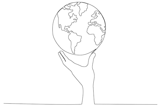 Manos levantando el globo terráqueo para el arte de una línea del día de la tierra