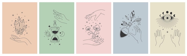 Manos de línea mística. Luna esotérica minimalista, cristales, símbolos de reloj de arena para impresión de tatuajes. Mano de astrología boho. Concepto de vector de aplicación mística. Ilustración tatuaje boho, bosquejo de banner esotérico de brujería