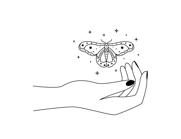 Manos mágicas con polilla nocturna en estilo de arte lineal mariposa mística para la marca o el logotipo de cosméticos y productos de belleza contornos simples doodle elegance vector ilustración