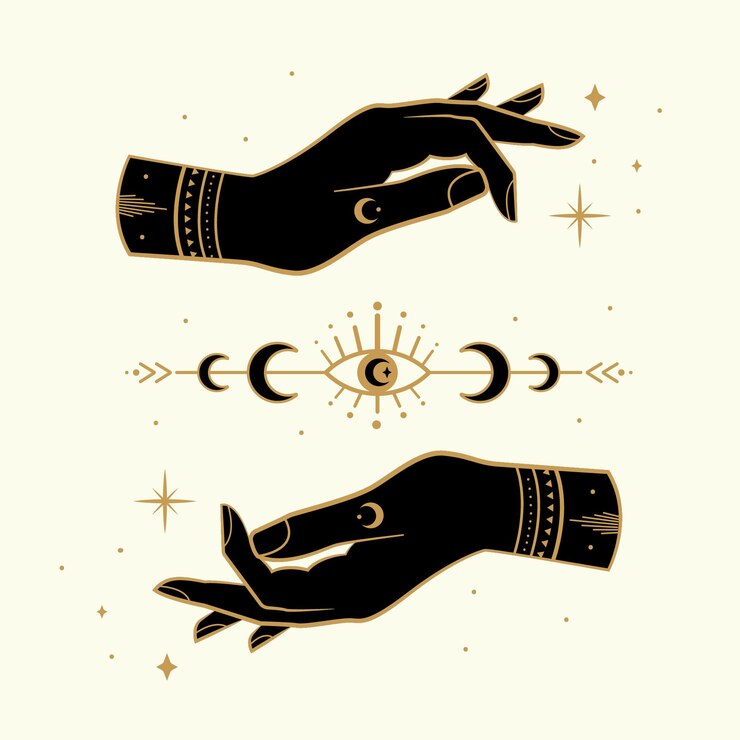 Vector manos mágicas con símbolos esotéricos y estrellas