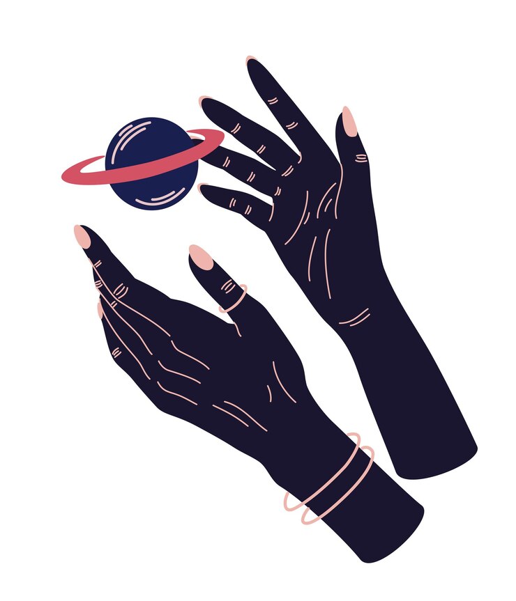 Vector manos mágicas con símbolos místicos celestiales elementos boho espirituales con serpiente de cristal y polilla mariposa y ojo silueta negra de brazos de mujer aislados en blanco ilustración vectorial