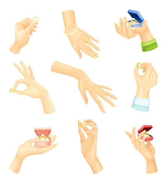 Manos masculinas y femeninas con anillos de oro configurados Ilustración vectorial de elementos de diseño de compromiso o boda