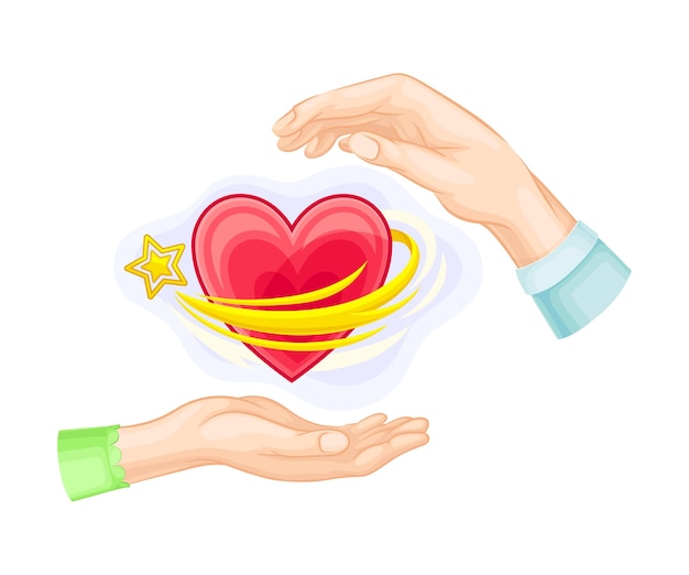 Manos masculinas y femeninas e ilustración vectorial de corazón rojo aleteante