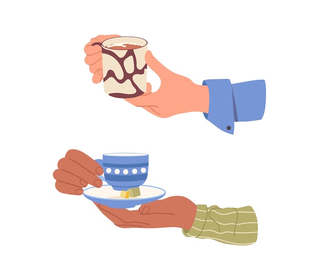 Manos masculinas y femeninas sosteniendo taza y taza con bebida caliente té o café ilustración vectorial refresco popular para la hora del desayuno con la bebida favorita capuchino aromático para relajarse