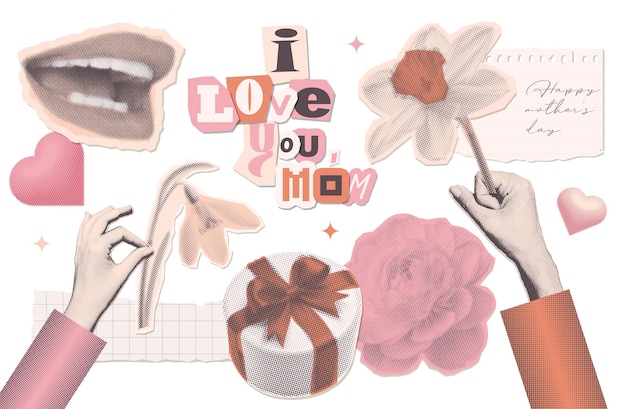 Manos de medio tono vintage con puntos con flores boca sonriente palabras de saludo papel desgarrado conjunto de collage