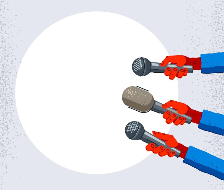 Vector manos con micrófonos a una maqueta de vector de espacio de copia en blanco para publicidad o algún mensaje, tema de sensación de noticias, entrevista de discurso público.