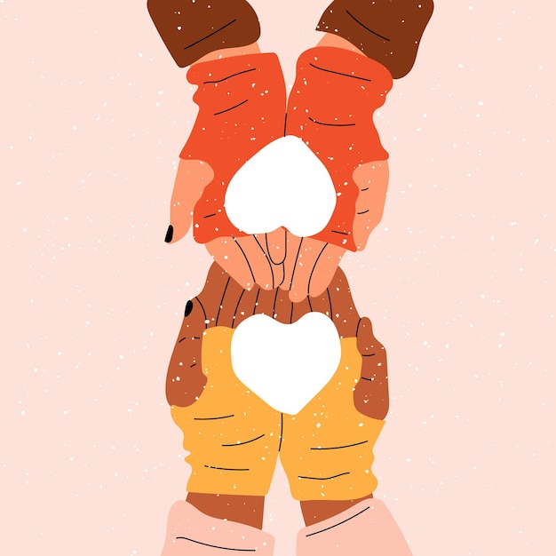 Vector manos en mitones sostienen un corazón hecho de nieve. amor, día de san valentín.