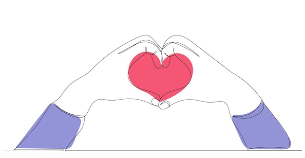 Manos muestran dibujo de línea continua de corazón dibujo vectorial