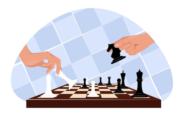 Las manos mueven piezas de ajedrez alrededor del tablero Figura de caballero Juego de estrategia Confrontación de dos lados Batalla competitiva Intenta vencer al oponente Tablero de ajedres con peón y torre Concepto vectorial