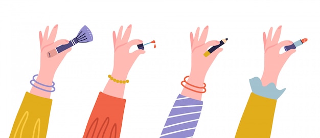 Manos de mujer con accesorios cosméticos: lápiz labial, lápiz de ojos, pincel y esmalte de uñas. Ilustración plana de manos femeninas con herramientas cosméticas. aislado en elementos de diseño de fondo blanco.
