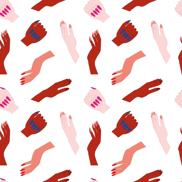 Manos de mujer de diferentes colores de piel patrón sin costuras Manos de mujer con manicura sobre fondo blanco
