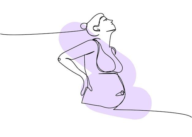 Vector manos de mujer embarazada en el arte de una línea de la parte inferior de la espalda con elementos coloridos dibujo de línea continua de la preparación de la maternidad del embarazo para el parto dolor del embarazo embarazo tardío