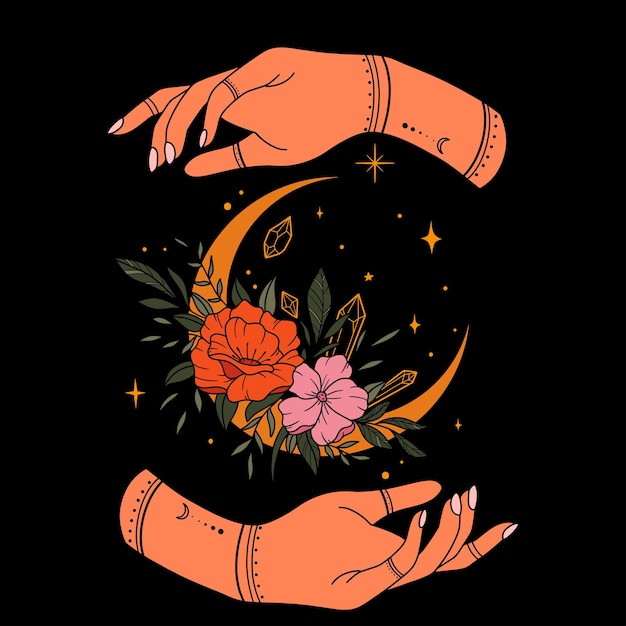 Manos de mujer y hermosas flores y hojas decoradas luna creciente sobre fondo blanco.