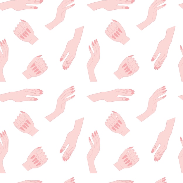 Manos de mujer con patrones sin fisuras de manicura desnuda Estilo plano manos de mujer diferentes con manicura clásica sobre fondo blanco