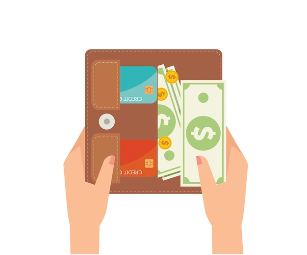 Manos de mujer sacando billetes de su billetera