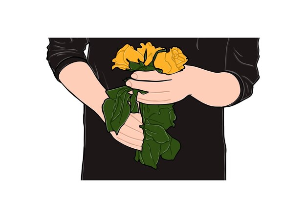Manos de mujer sosteniendo flores color de rosa planta doodle dibujos animados lineales para colorear