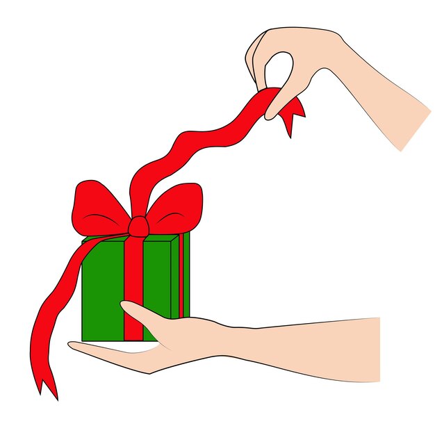 Las manos de las mujeres desatan un lazo en una caja de regalos sobre un fondo blanco Tarjeta postal para Año Nuevo Navidad cumpleaños