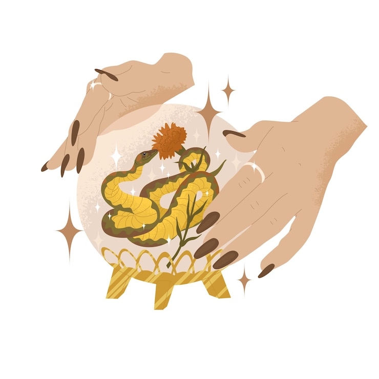 Vector las manos de las mujeres con uñas largas lanzaron hechizos sobre una bola mágica con una serpiente entrelazando una flor dentro de la composición otoñal prácticas ocultas celebración de halloween ilustración vectorial aislada