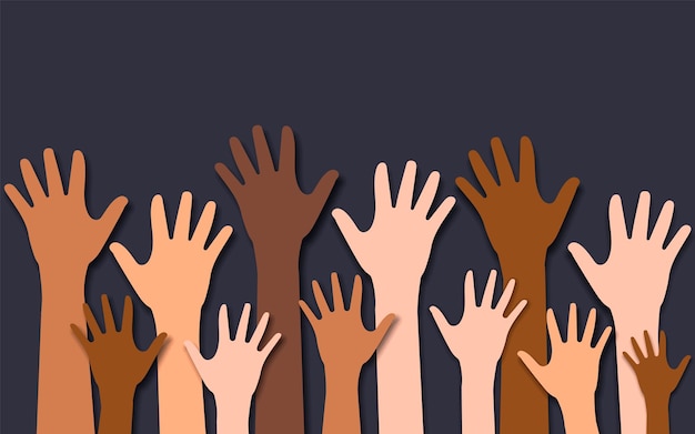 Manos multiétnicas y diversas levantadas Concepto de comunidad de mano de obra de multitud de caridad Ilustración vectorial