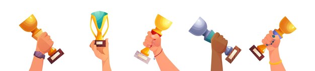 Manos multiétnicas ganadoras sosteniendo una copa en la mano Idea de logro liderazgo victoria éxito