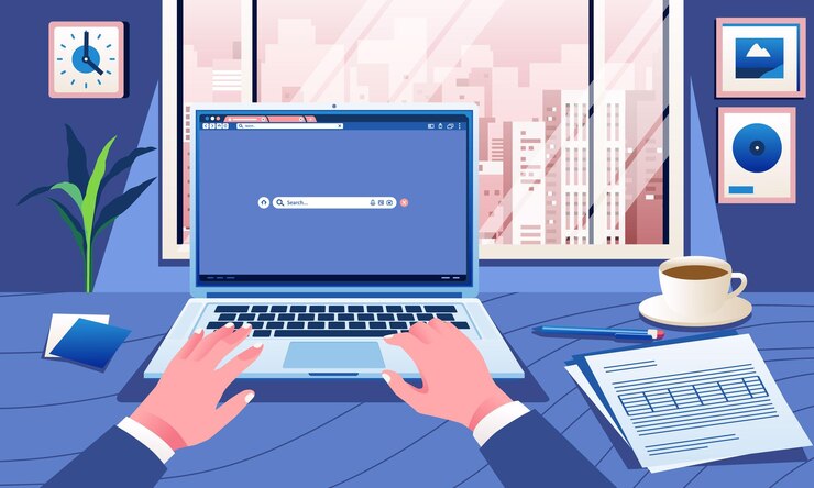 Manos de negocios escribiendo en el teclado de la computadora portátil café y documento en el navegador de la mesa en la pantalla Paisaje de la ciudad del concepto de escritorio de oficina en la vista de la ventana