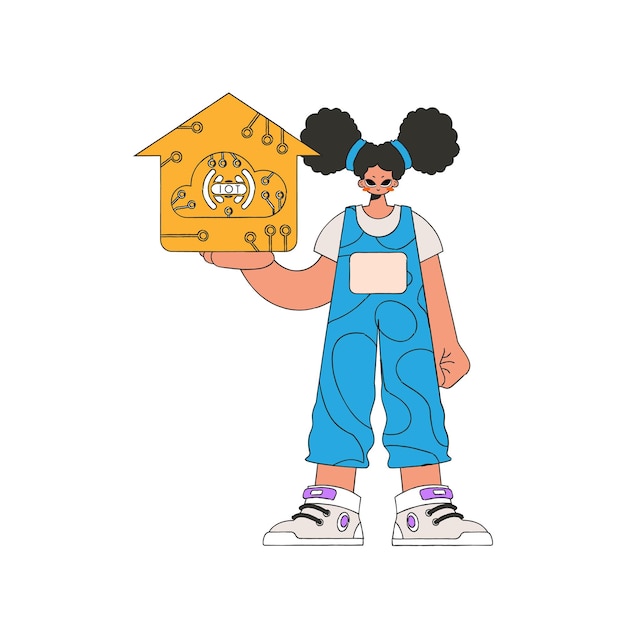 Las manos de la niña sostienen un logo de Internet de las cosas.