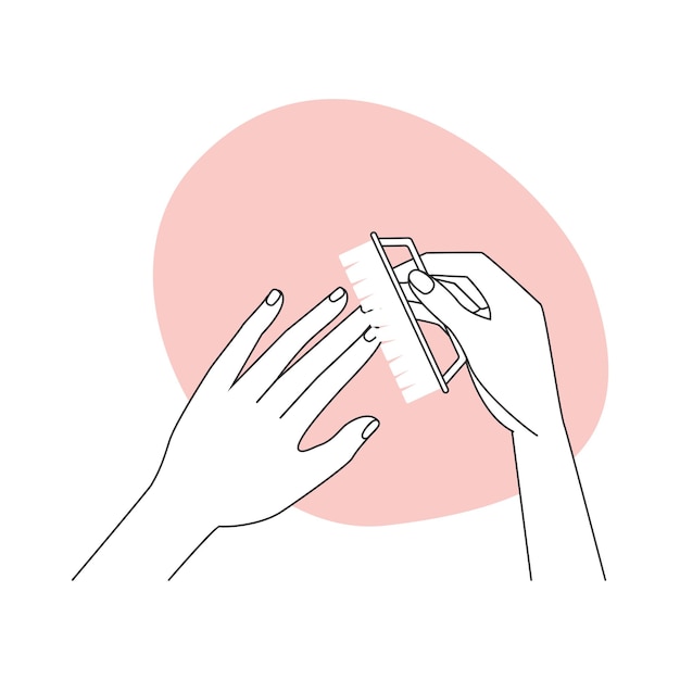 Las manos de las niñas limpiando las uñas y la piel de los dedos con el proceso de procedimiento de manicura con pincel