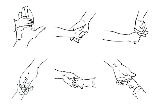 Las manos del niño y los padres se sostienen el uno al otro dibujo de línea de mano colección de bocetos ilustración de icono vectorial