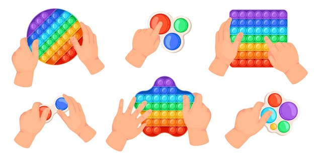 Las manos de los niños sostienen pop, jugando con juguetes inquietos. niños haciendo estallar burbujas de juegos sensoriales. antiestrés, simple, hoyuelo, arco iris, juguetes, vector, conjunto, de, diferente, formas, como, redondo, cuadrado, y, estrella