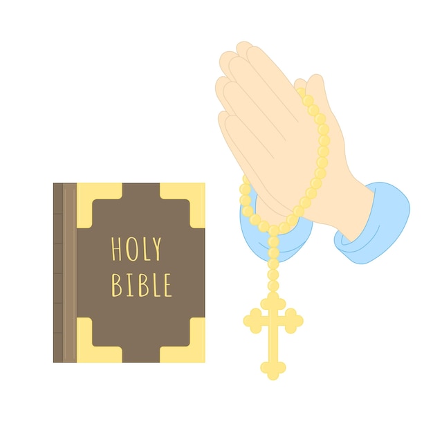 Manos en oración con un rosario con una cruz Manos de oración unidas para orar a Dios sobre la Biblia Ilustración vectorial
