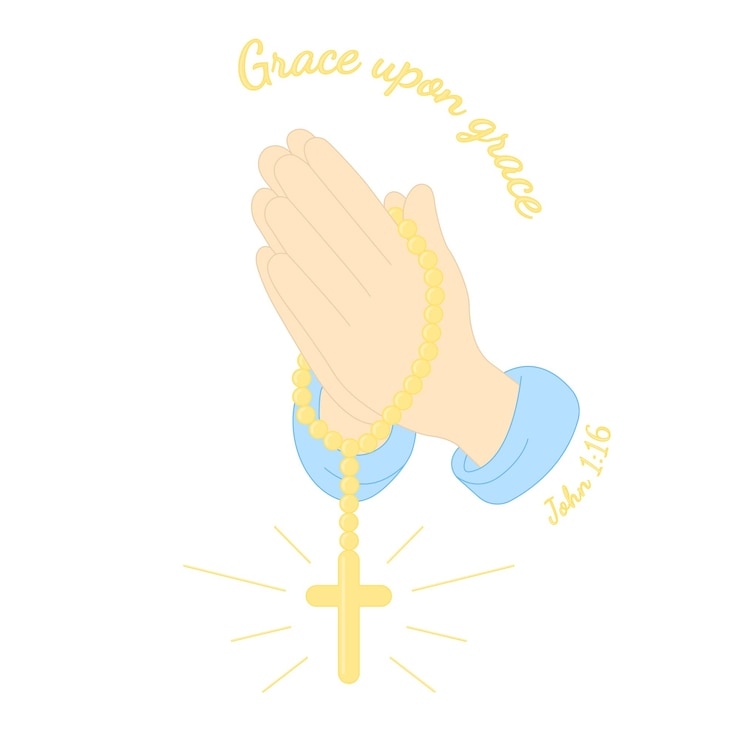 Vector manos en oración con un rosario con una cruz manos de oración unidas para orar a dios texto gracia sobre gracia ilustración vectorial
