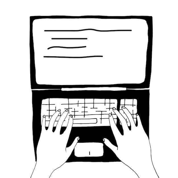 Las manos de una persona escribiendo en un teclado trabajando en una computadora portátil estilo Doodle