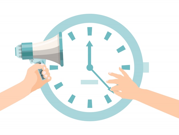 Las manos de la persona intentan detener la flecha del reloj. Fecha límite con gran reloj y megáfono. Problema de retraso de plazo de plazo