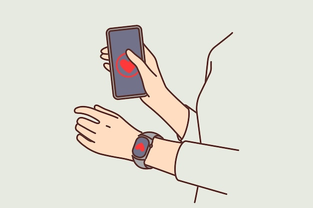 Manos de persona con teléfono y pulsera de fitness con corazón para rastrear pulso y carga en sistema cardiovascular