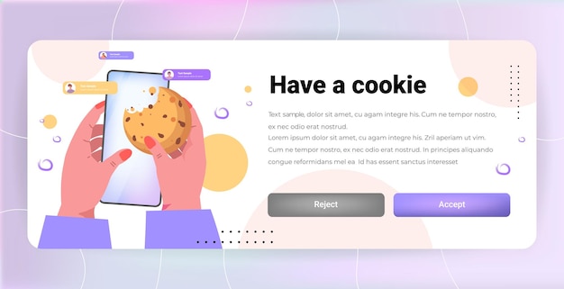 manos de personas que sostienen el teléfono inteligente y la protección de cookies de la información personal en la web de Internet pop-up usamos el concepto de notificación de política de cookies copia espacio ilustración vectorial