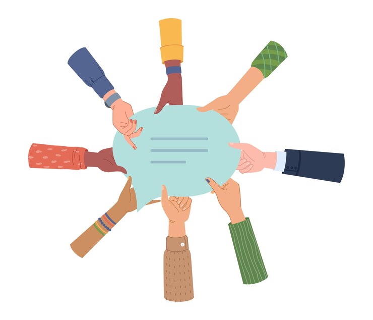 Vector manos de personas sosteniendo mensaje de chat o bocadillo aislado vector grupo diverso de hombre y mujer