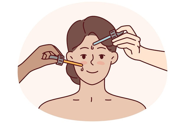 Manos con pipetas cerca de la cara de la mujer durante procedimientos cosméticos y levantamiento para deshacerse de las arrugas