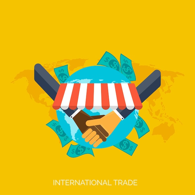 Vector las manos planas concepto de comercio internacional global de fondo de negocios y hacer dinero