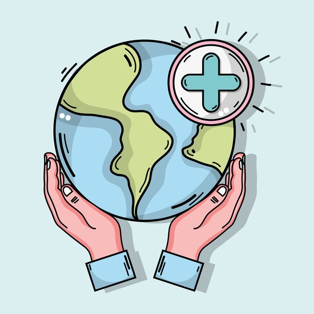 Manos con el planeta global y símbolo clínico cruzado